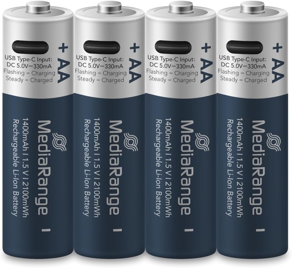 Pilhas MediaRange Recarregáveis USB-C Li-Ion, AA I 1.5V I 1400mAh - Pack 4 unidades