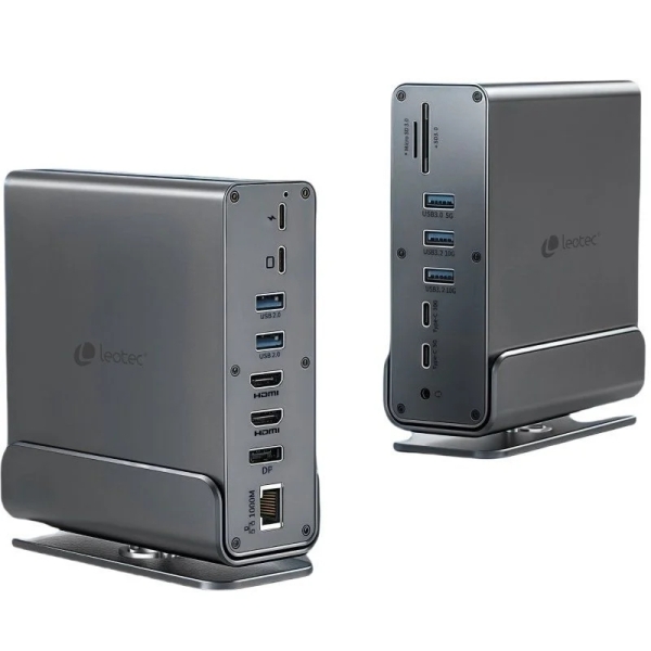 Docking Station Leotec USB-C 15 em 1 - 2x HDMI 4K + DisplayPort - Powe 100W - Ethernet Gigabit - 5x USB + USB-C - Leitor SD + MicroSD - Jack 3.5 mm
