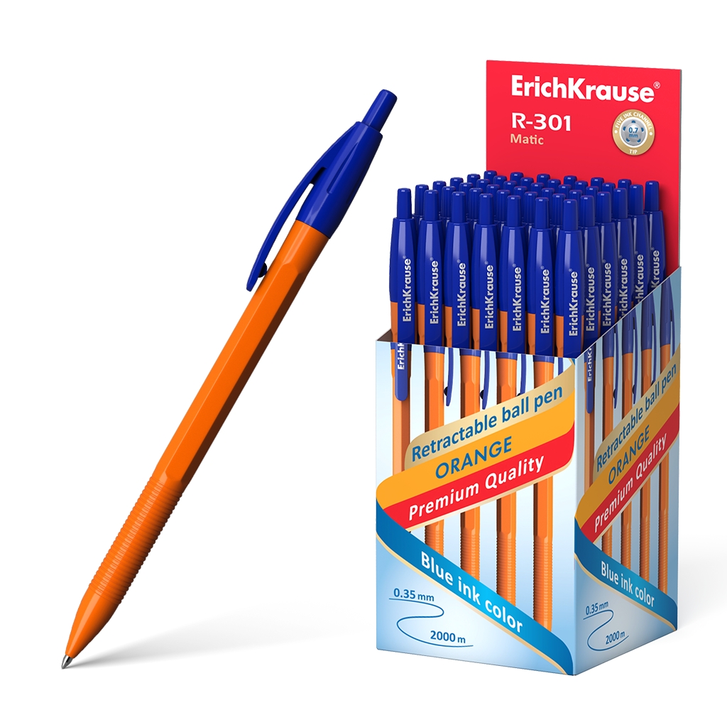 Esferográfica Erichkrause R-301 Laranja Matic 0.7mm Azul - Pack 50