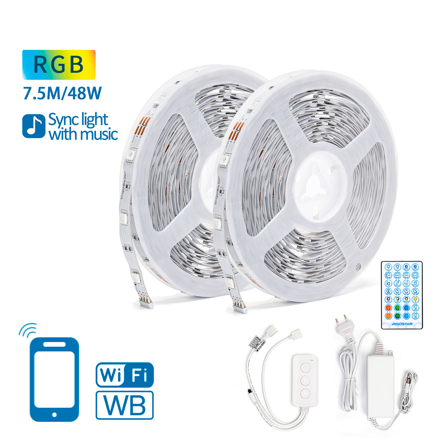Fita Led WiFi Inteligente 15 Metros (2 x 7.5m) RGB 48W Aigostar