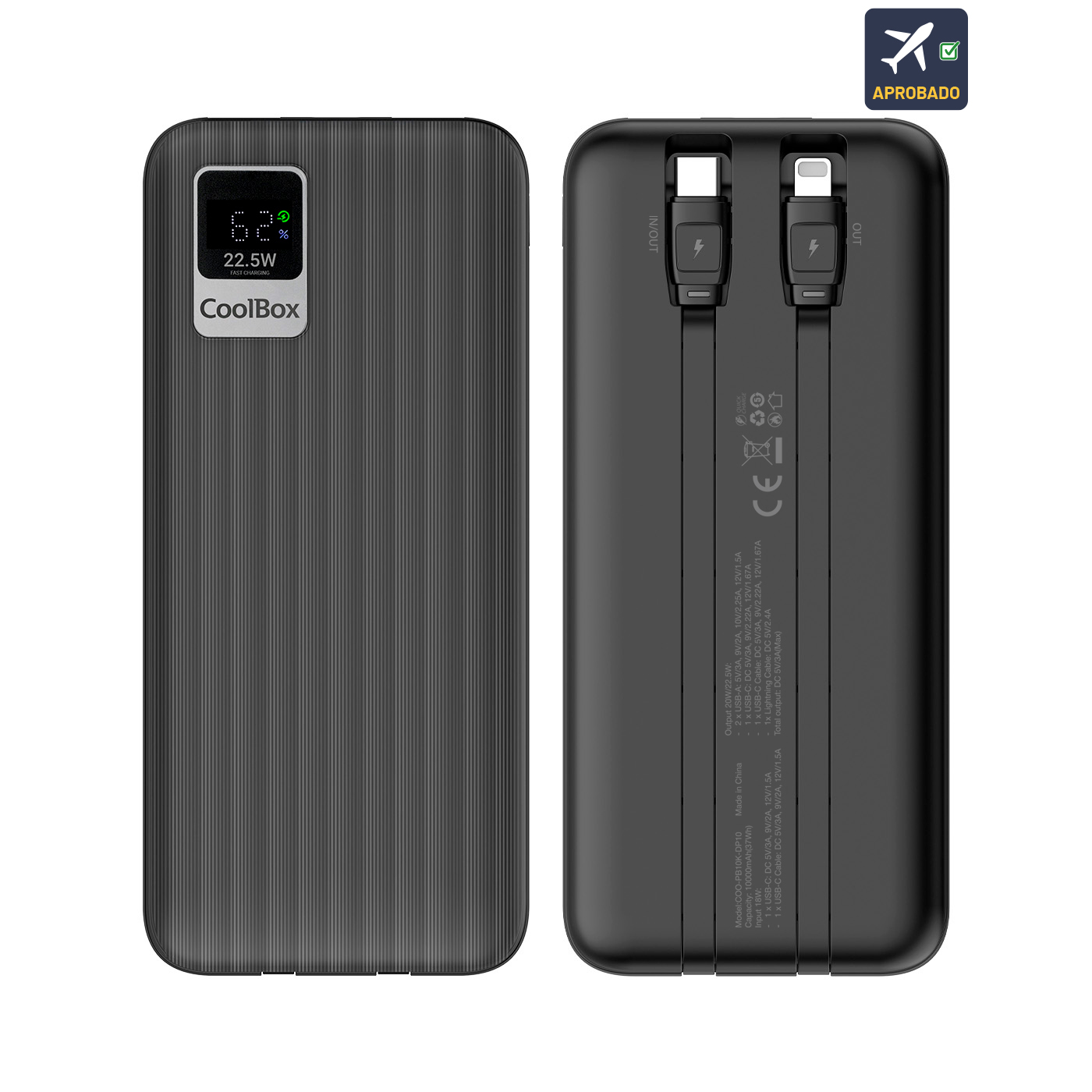 Powerbank 10000mAh, ecrã LCD + cabos USB-C e Lightning DP10 Coolbox