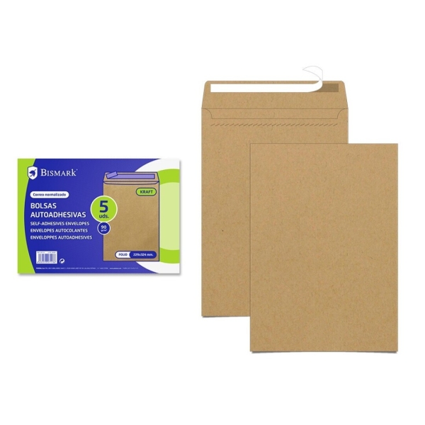 Envelopes Kraft C4 (229X324mm) c/tira de silicone - Pack 5 unidades