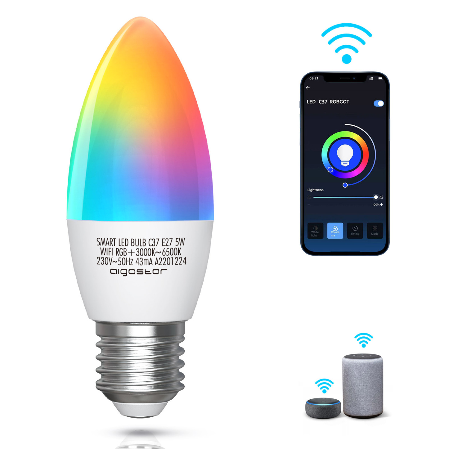 Lâmpada Smart LED WiFi RGB+CW E27 C37 5W Aigostar