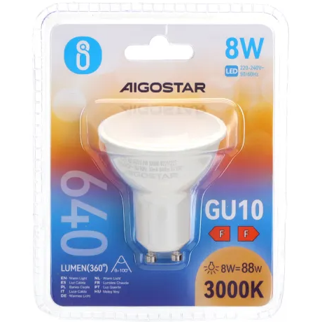 Lâmpada LED A5 GU10 8W 3000K Luz Quente 560 Lúmens Aigostar
