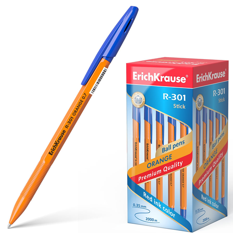 Esferográfica Erichkrause R-301 0.7mm Laranja Stick Azul - Pack 50