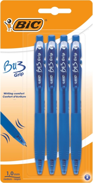 Esferográfica Retráteis Bic Bu3 - Ponta 1 mm - Traço 0,32 mm - Punho de borracha - Escrita suave - Pack 4 Unidades Azul