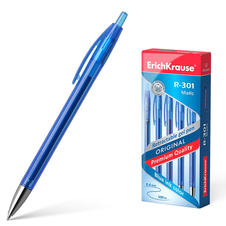 Esferográfica Gel Erichkrause R-301 Original Gel Matic Azul - Pack 12