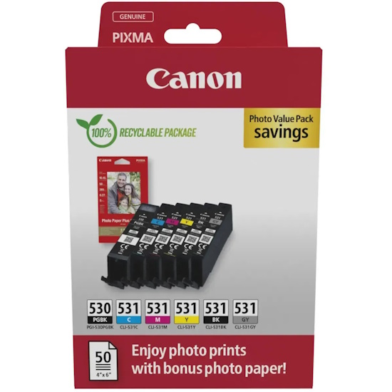 Pack 6 Tinteiros Originais Canon PGI530/CLI531 + 50 Folhas Pap. fotográfico (6117C004)