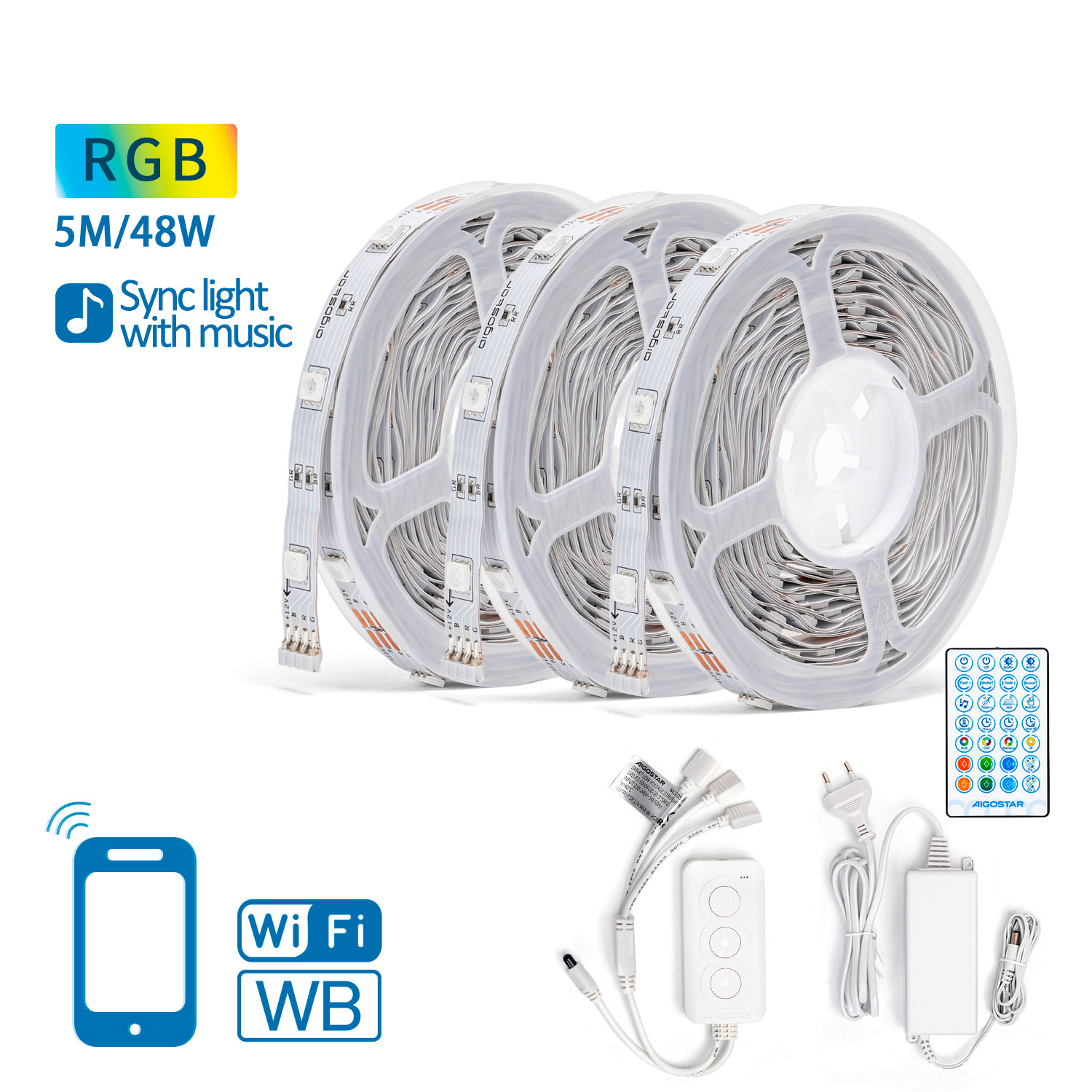 Fita Led WiFi Inteligente 15 Metros (3 x 5m) RGB 48W Aigostar