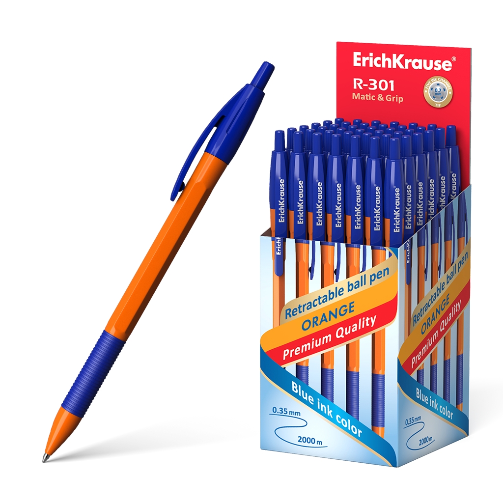 Esferográfica Erichkrause R-301 Laranja Matic&Grip 0.7mm Azul - Pack 50