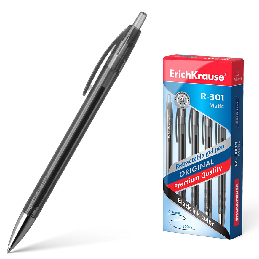 Esferográfica Gel Erichkrause R-301 Original Gel Matic Preto - Pack 12