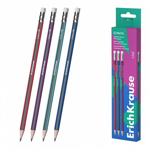 Lápis Erichkrause Sonata Grafito HB Triangular c/ Borrecha - Pack 12 unidades
