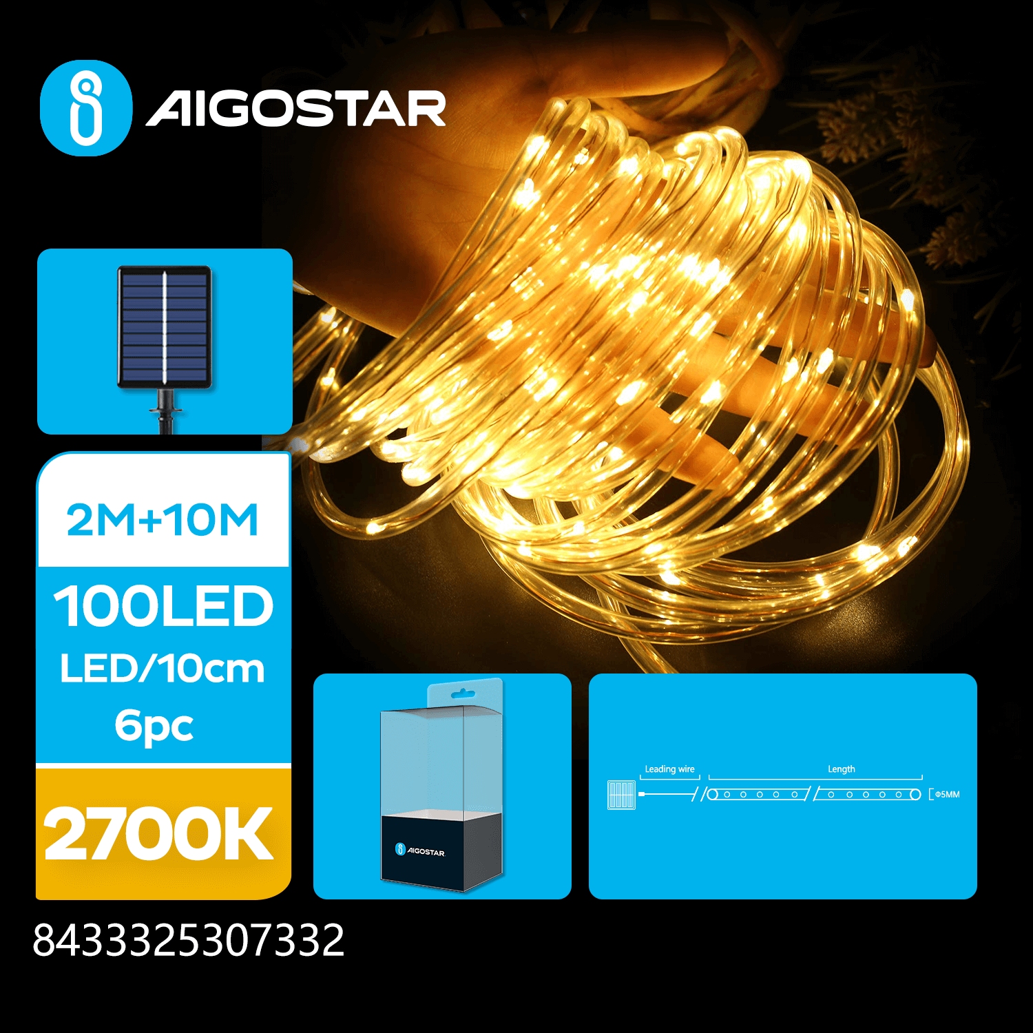 Cordão de Luz 10 metros c/ Painel Solar Luz Quente IP65 Aigostar
