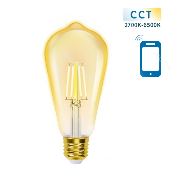 Lâmpada Filamento Smart LED WiFi + Bluetooth CCT E27 ST64 6W Aigostar