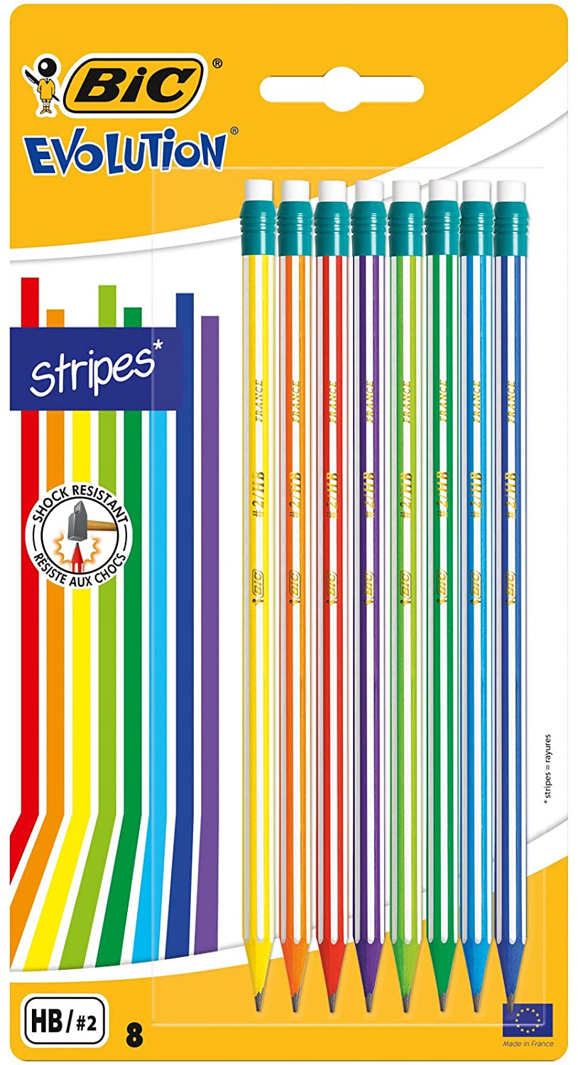 Lapiseira BIC Evolution Stripes c/ Borracha Mina HB Pack 8 unidades