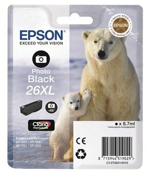 Tinteiro Epson 26 XL Preto Fotográfico Original Série Urso (C13T26314010)