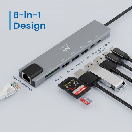 Adaptador USB-C Ewent EW1146 8-in-1 (HDMI 4K + 87W + 1x USB-C PD + 1x USB-C + 2x USB-A + LAN + Cardreader)