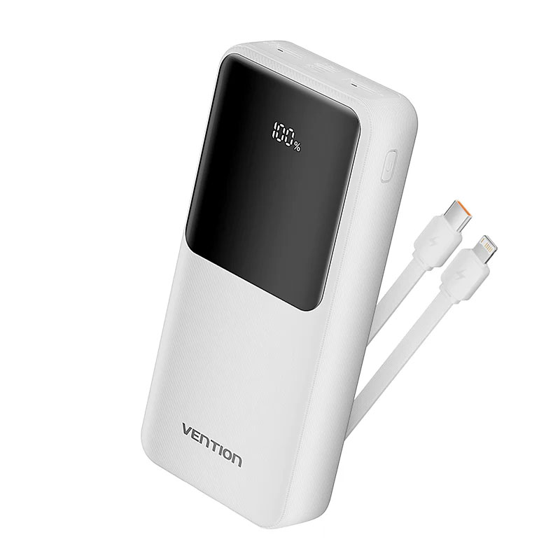 Bateria Powerbank Vention 20000mAh 22.5W USB Ecrã LED + Cabo USB-C/Lightning Branca